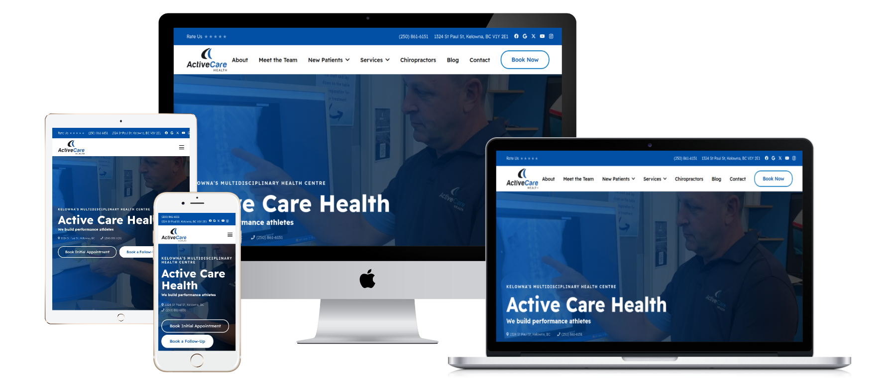Active Care Health website shown on desktop, laptop, tablet and phone